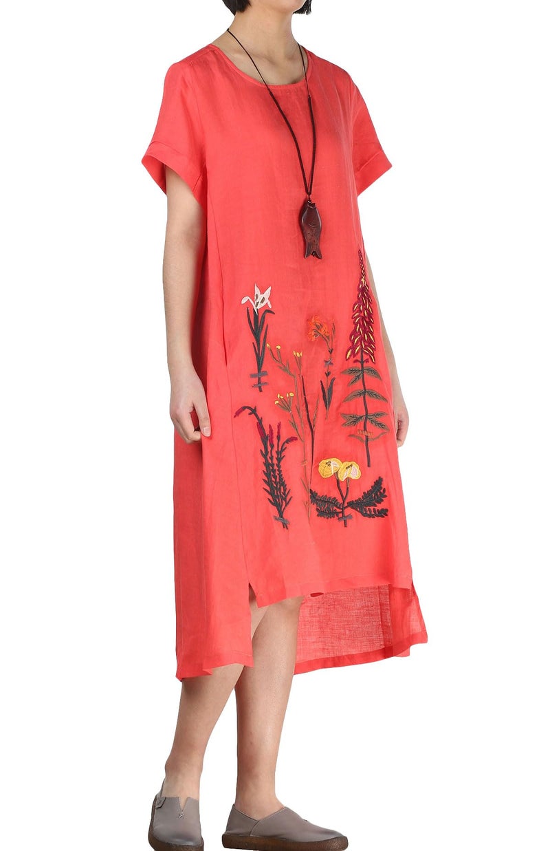 Minibee Women's Embroidered Linen Dress Summer A-Line Sundress Hi Low Tunic Clothing Red XL - Image 3
